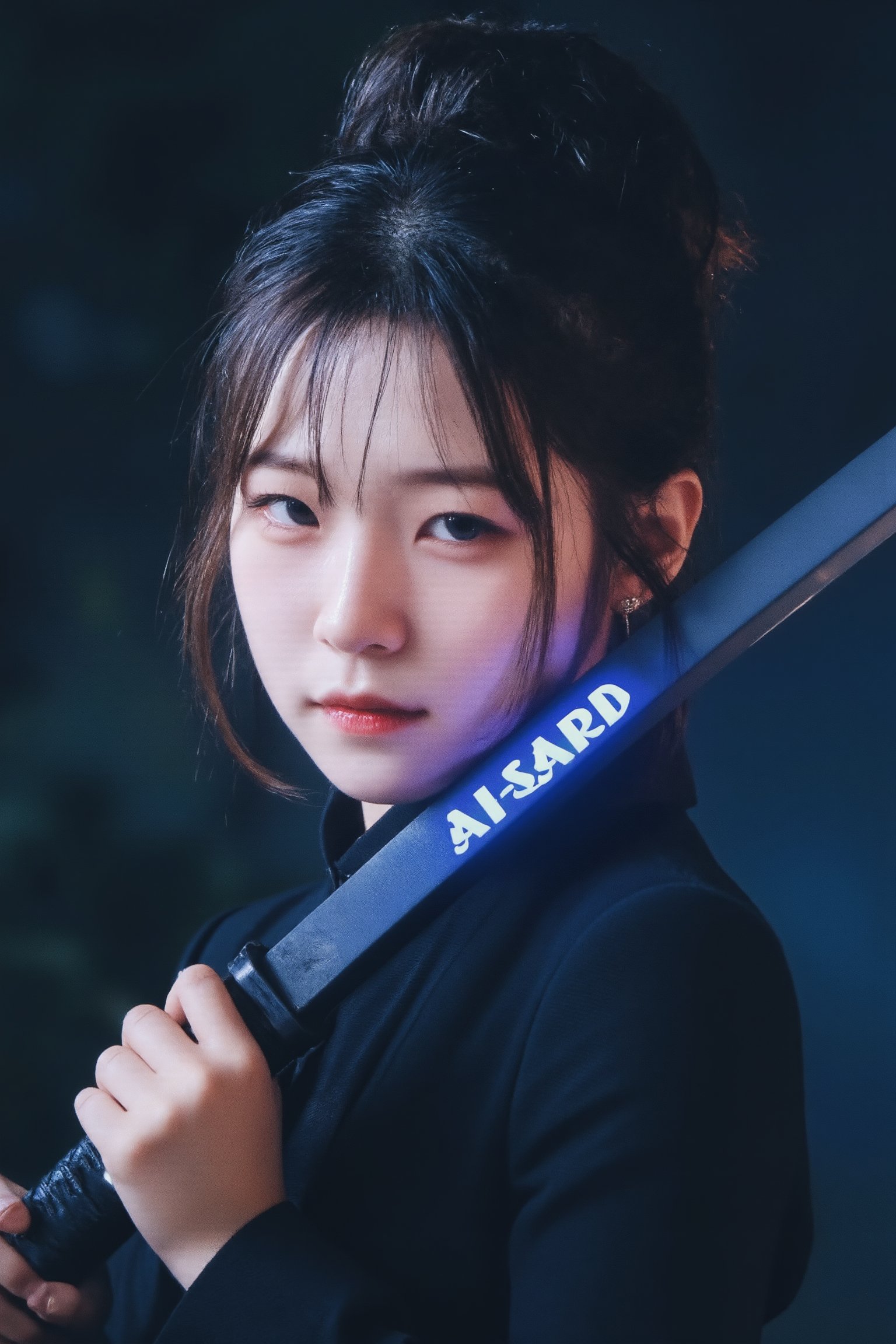 An Asian girl holding long katana on her shoulders, looking at viewer, cinematic portrait, The sword is engraved with the name ‘AI-SARD’ in blue light.,Jiheon