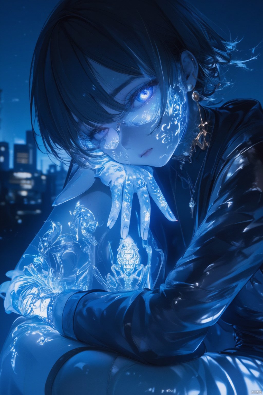 1girl, solo, looking at viewer, short hair, bangs, blue eyes, jewelry, sitting, indoors, tattoo, night, glowing, piercing, ear piercing, glowing eyes, head rest, blue theme,uvtattoo