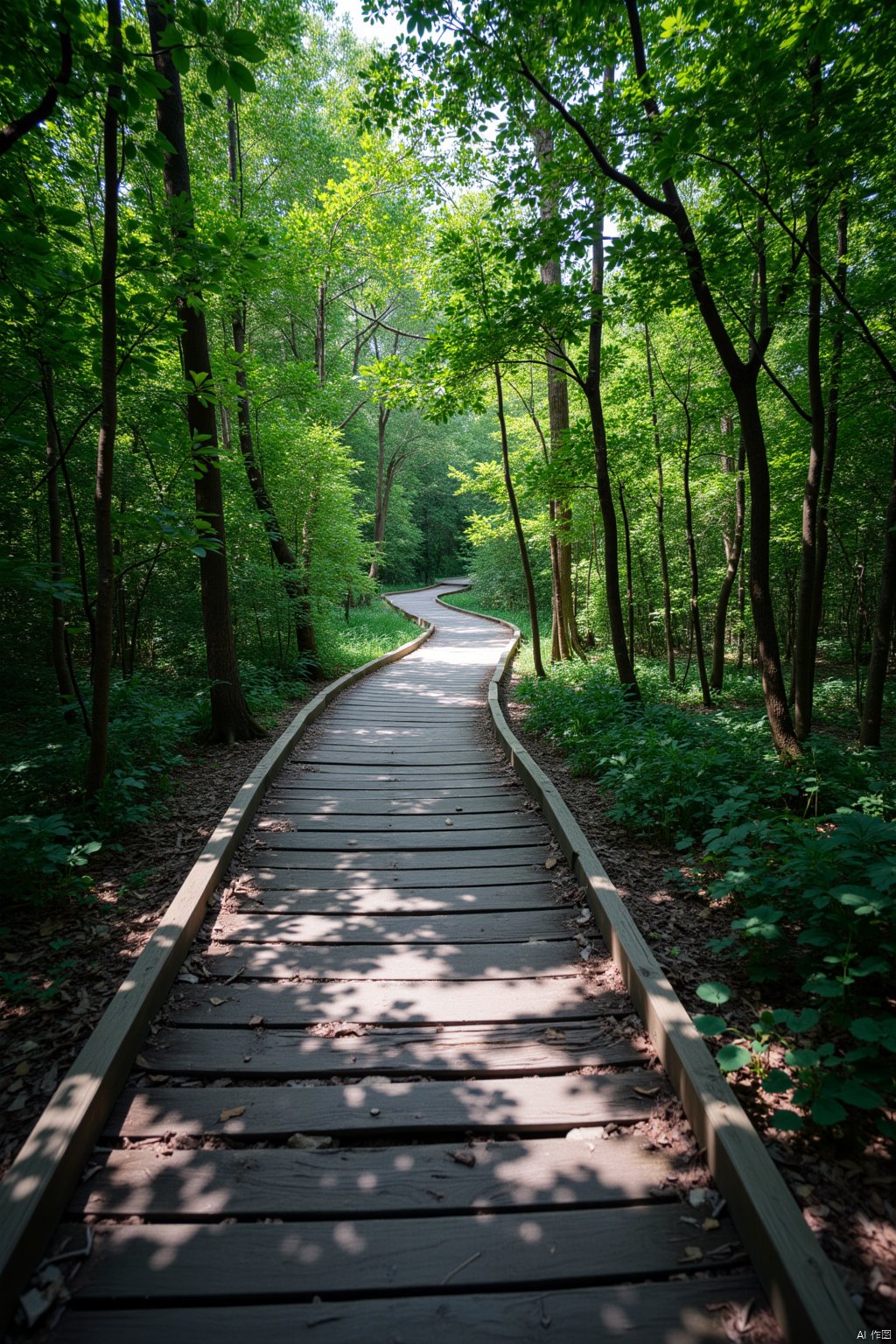 A worn wooden plank road stretches across a rustic landscape, sunlight filtering through trees to cast dappled shadows on the path. Weathered planks creak beneath the weight of passing travelers, their footsteps echoing through the quiet woods. The camera captures a medium shot, framing the winding road amidst a sea of greenery.