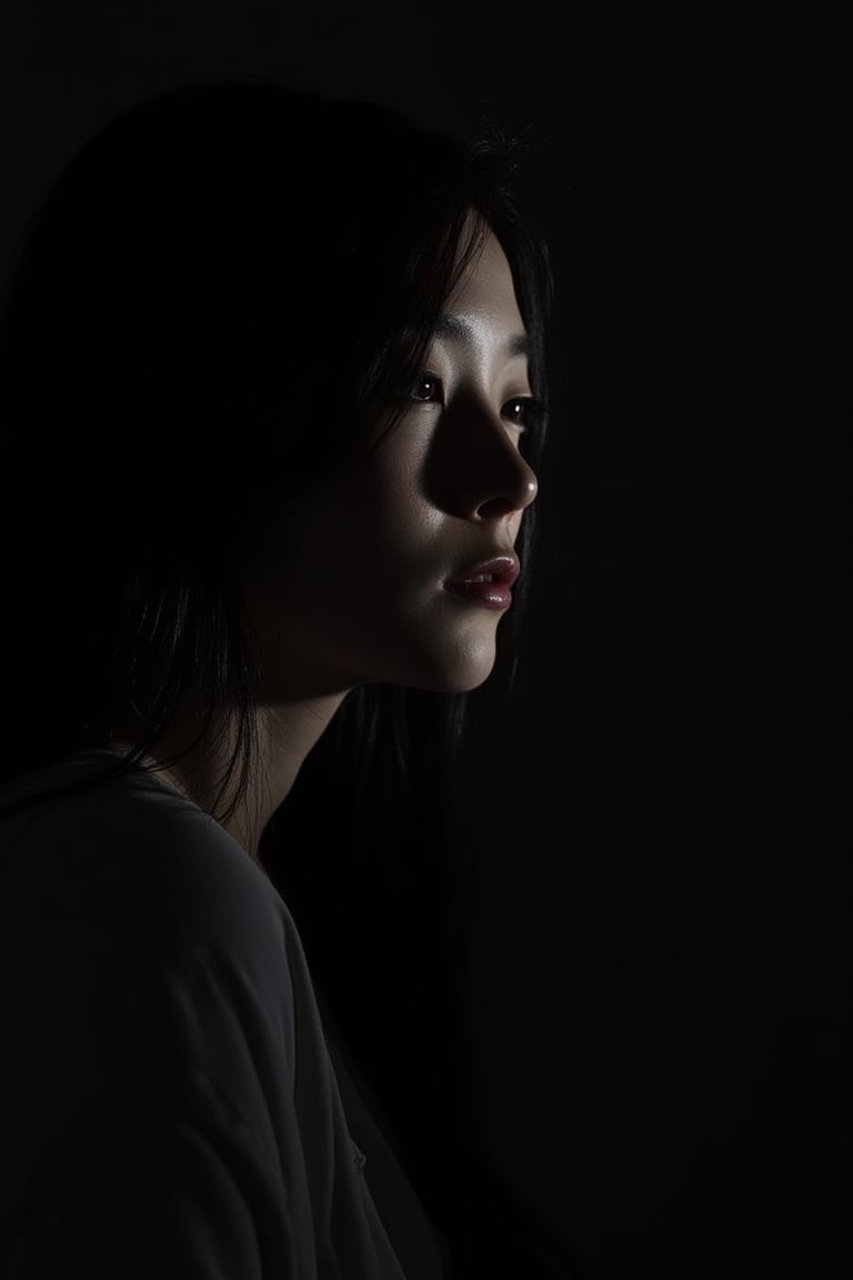 A Korean girl, her delicate features barely visible in the shadows, the light outlining her profile and long black hair, creating a dramatic and serene effect, lowkey_shot.