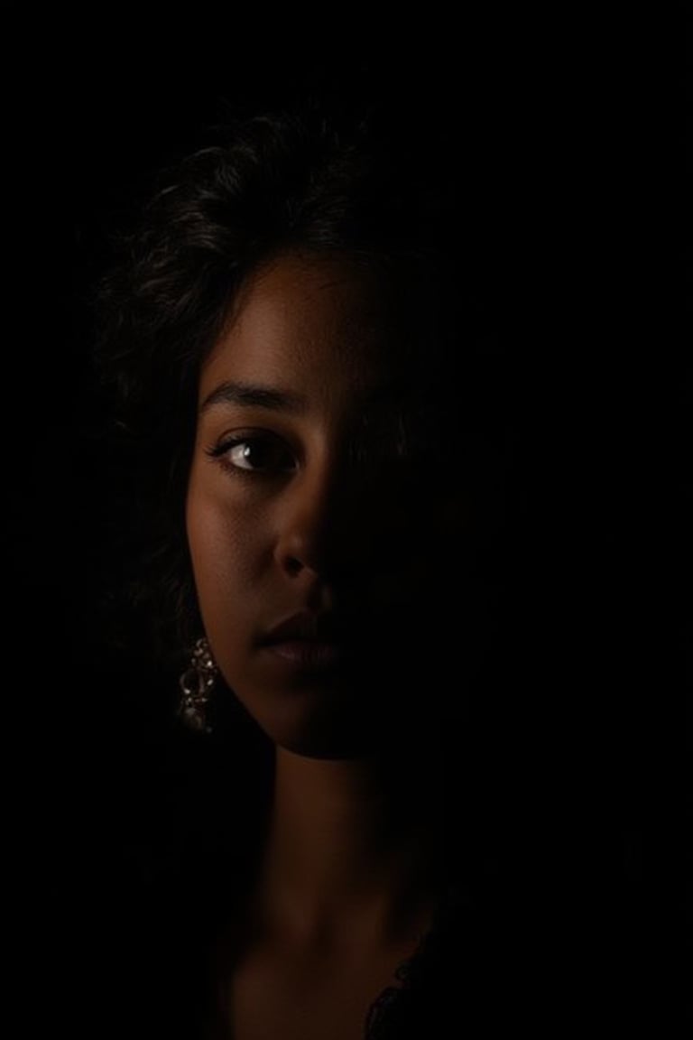 A Latina woman, her curly hair spilling over her shoulders, the only light softly tracing her face against the black backdrop, lowkey_shot.