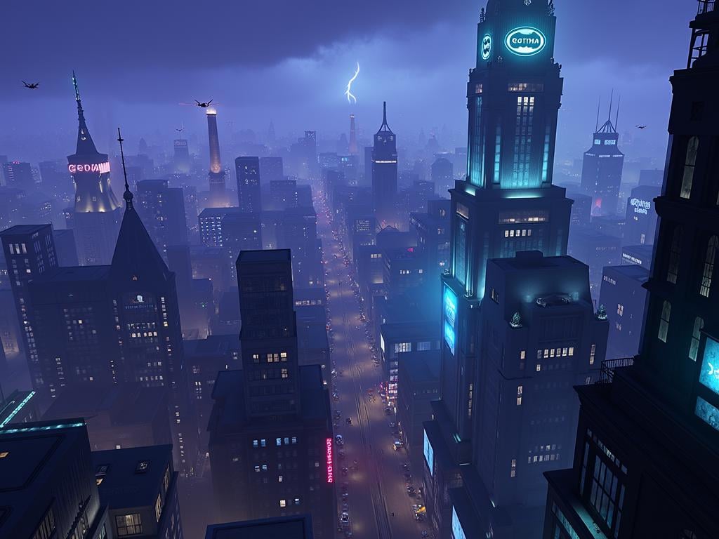 Gotham City, expansive nighttime cityscape, colossal urban sprawl stretching to the horizon, impossibly tall skyscrapers piercing the clouds, art deco and gothic architecture blended with futuristic elements, neon lights in vibrant blues and purples illuminating the perpetual darkness, holographic advertisements floating between buildings, smog-filled air creating an eerie glow, narrow streets far below teeming with hover-cars and cyberpunk vehicles, ominous gargoyles perched on building corners, distant lightning flashes revealing the city's silhouette, a faint bat signal visible in the cloudy sky, reflective glass facades mirroring the city lights, dark alleys contrast with brilliant neon signs, flying drones patrolling between buildings, monorail tracks weaving through skyscrapers, massive industrial smokestacks in the distance, hyper-detailed urban environment, moody and atmospheric, 8K resolution, photorealistic rendering, <lora:gotham-city-gotham-knights:1>