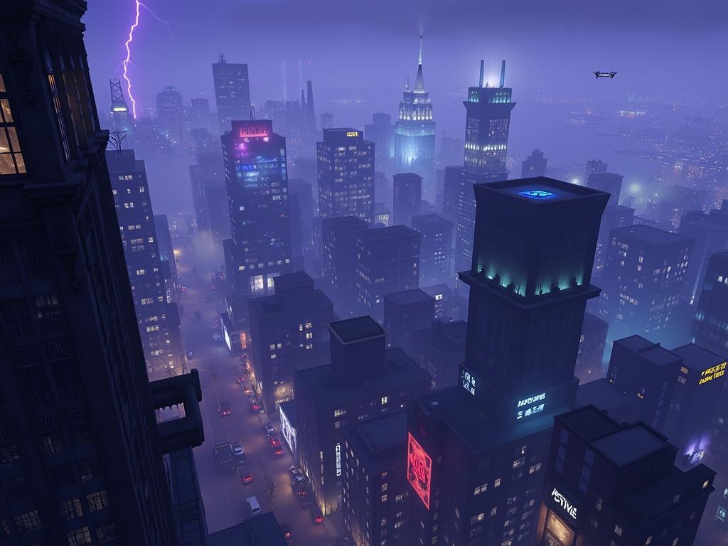 Gotham City, expansive nighttime cityscape, colossal urban sprawl stretching to the horizon, impossibly tall skyscrapers piercing the clouds, art deco and gothic architecture blended with futuristic elements, neon lights in vibrant blues and purples illuminating the perpetual darkness, holographic advertisements floating between buildings, smog-filled air creating an eerie glow, narrow streets far below teeming with hover-cars and cyberpunk vehicles, ominous gargoyles perched on building corners, distant lightning flashes revealing the city's silhouette, a faint bat signal visible in the cloudy sky, reflective glass facades mirroring the city lights, dark alleys contrast with brilliant neon signs, flying drones patrolling between buildings, monorail tracks weaving through skyscrapers, massive industrial smokestacks in the distance, hyper-detailed urban environment, moody and atmospheric, 8K resolution, photorealistic rendering, <lora:gotham-city-gotham-knights:1>