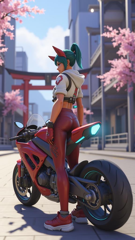 Kiriko from Overwatch 2 standing confidently beside a sleek, futuristic red motorcycle with neon blue accents. She is wearing a stylish hoodie with intricate dragon and floral patterns, along with fitted leggings and red gloves. Her iconic fox-themed headgear is perched on her teal hair, which is tied up in a spiky ponytail. Kiriko gazes back over her shoulder with a determined expression, set against the backdrop of a bustling cyberpunk city with towering buildings, red torii gates, and soft, falling cherry blossoms. The atmosphere is filled with a mix of modern technology and traditional Japanese elements, with mist rising from the ground around her. Ultra sharp, 8K resolution, masterpiece, insane detail, hyper-realistic lighting, cinematic composition, vibrant colors, glowing neon accents, cyberpunk aesthetic, dynamic action pose, atmospheric fog effects, cherry blossoms in the wind, <lora:kiriko-overwatch-2:1>