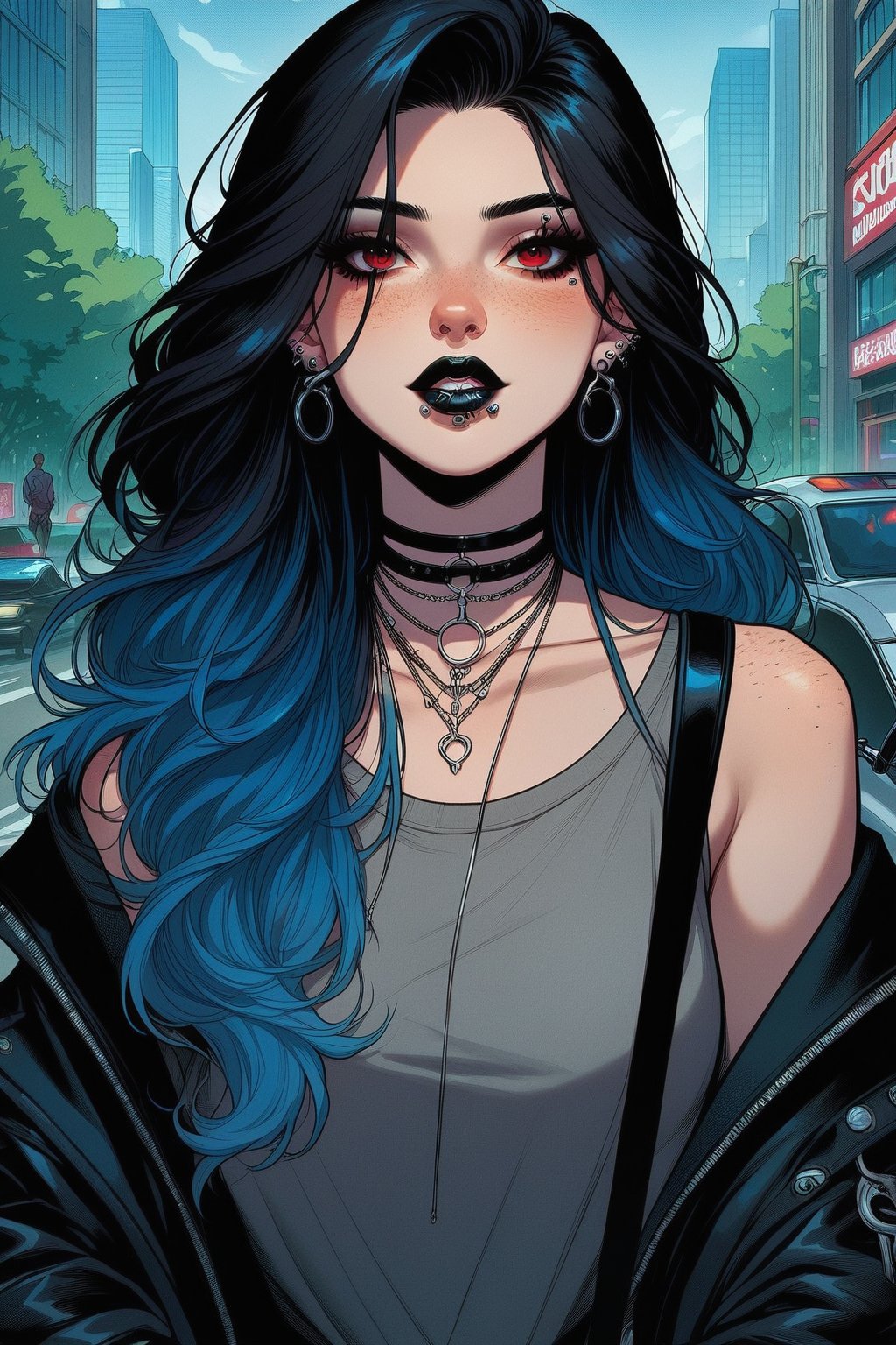 score_9,score_8_up,1girl, long hair, looking at viewer, shirt, black hair, red eyes, 1boy, jewelry, blue hair, jacket, multicolored hair, earrings, outdoors, solo focus, choker, necklace, off shoulder, bag, tree, black jacket, makeup, piercing, ring, lipstick, ground vehicle, building, grey shirt, motor vehicle, freckles, city, car, black lips, lip piercing