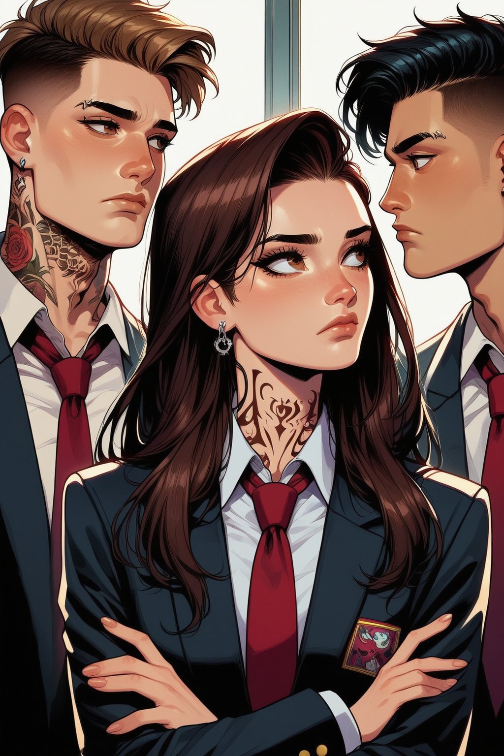 score_9,score_8_up,1girl, long hair, short hair, brown hair, shirt, black hair, brown eyes, jewelry, closed mouth, school uniform, jacket, white shirt, upper body, earrings, multiple boys, necktie, collared shirt, indoors, 2boys, looking at another, lips, black jacket, window, tattoo, crossed arms, blazer, red necktie, arm tattoo, undercut, neck tattoo