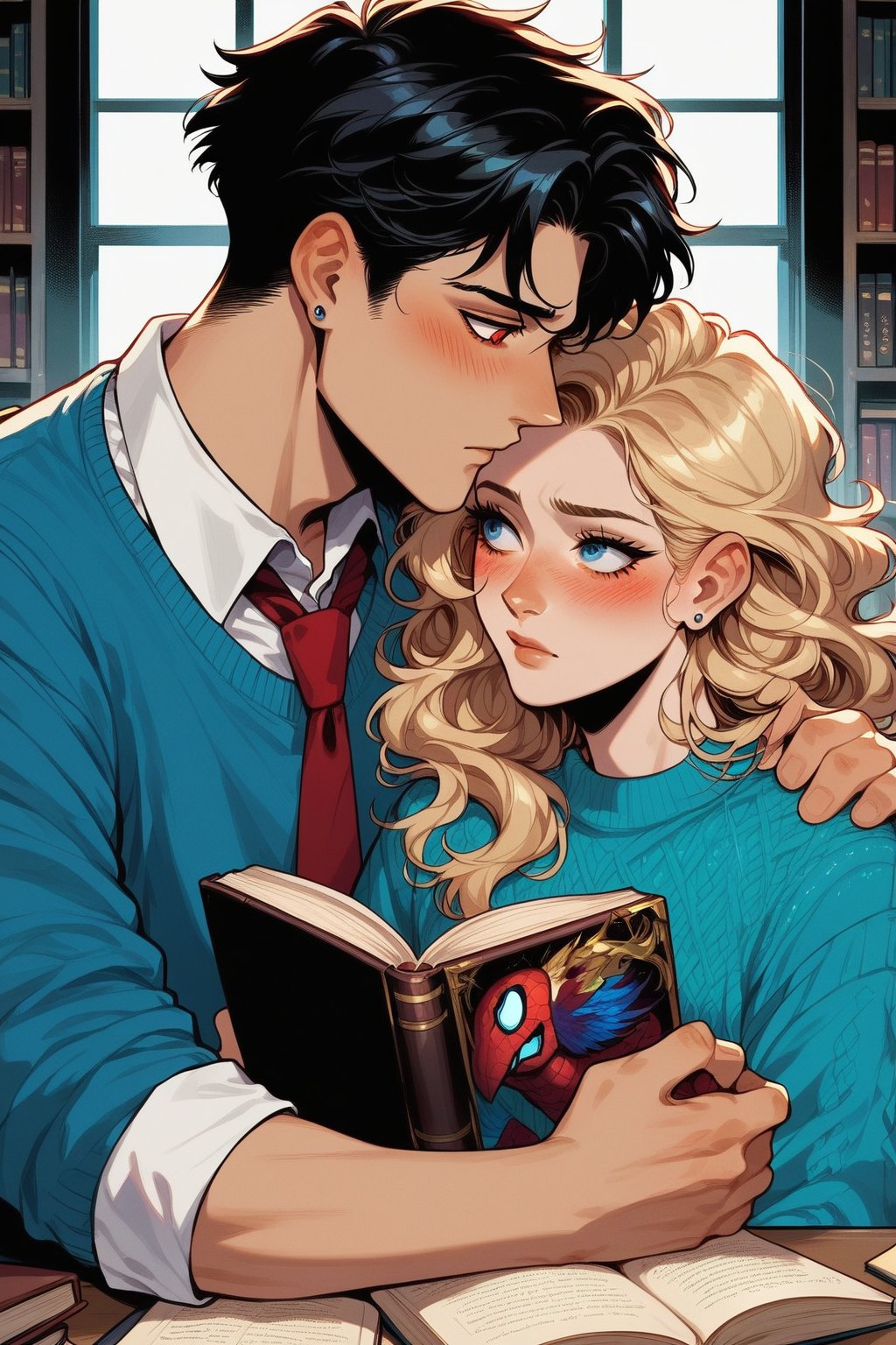 score_9,score_8_up,1girl, long hair, blush, short hair, blue eyes, blonde hair, shirt, black hair, red eyes, 1boy, holding, jewelry, sitting, white shirt, upper body, hetero, earrings, necktie, collared shirt, indoors, looking at another, sweater, book, window, wavy hair, couple, red necktie, sleeves rolled up, holding book, open book, bookshelf, hand on another's shoulder, stud earrings, blue sweater, library