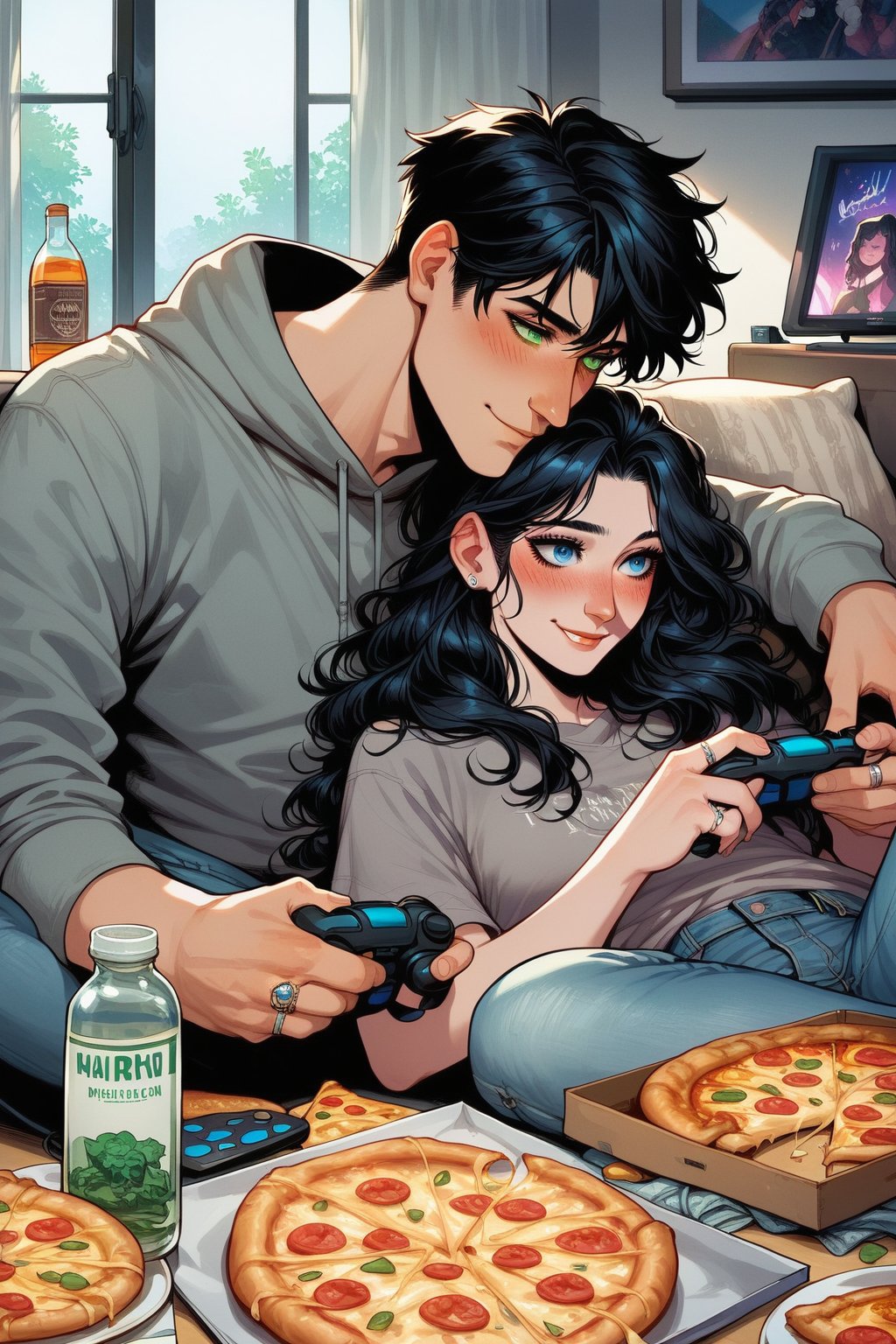 score_9,score_8_up,1girl, long hair, blush, smile, short hair, blue eyes, shirt, black hair, 1boy, holding, jewelry, green eyes, hetero, lying, food, pants, indoors, hood, cup, window, ring, bottle, couple, denim, grey shirt, jeans, controller, television, game controller, pizza, holding controller