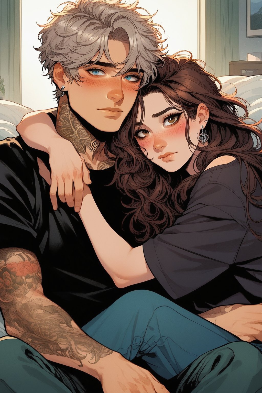 score_9,score_8_up,1girl, long hair, looking at viewer, blush, short hair, blue eyes, brown hair, shirt, 1boy, brown eyes, jewelry, sitting, closed mouth, hetero, grey hair, earrings, pants, indoors, black shirt, window, hug, bed, tattoo, couple, freckles, arm tattoo, neck tattoo