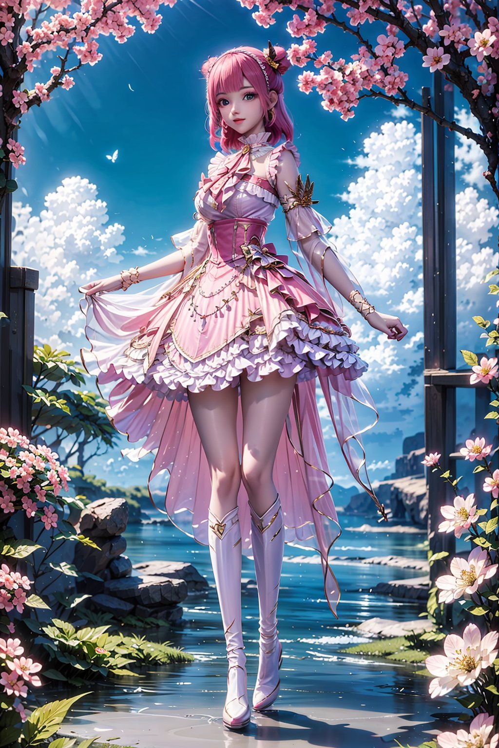 1girl, solo, looking at viewer, bangs, blue eyes, dress, holding, standing, full body, pink hair, flower, boots, outdoors, white dress, white footwear, parasol