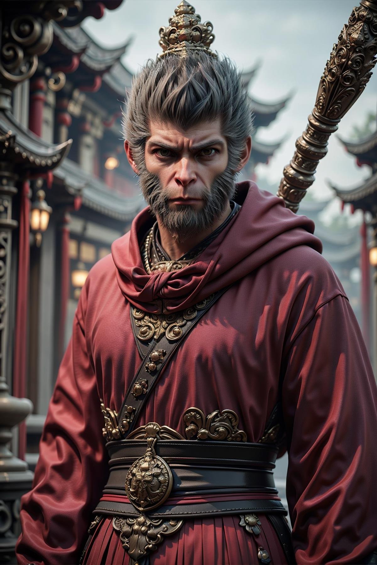 jqzx,Monkey king,1boy,male focus,solo,facial hair,blurry background,blurry,beard,hood,grey hair,looking at viewer,sunglasses,long sleeves,<lora:20240821-1724177470853-000010:0.7>,