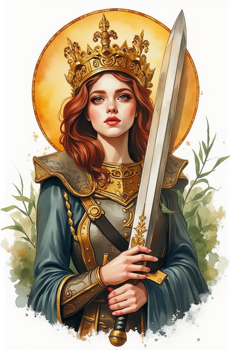 watercolor painting, lb style, abstract, a young woman wearing a crown and armor. She is holding a sword. Art nouveau.