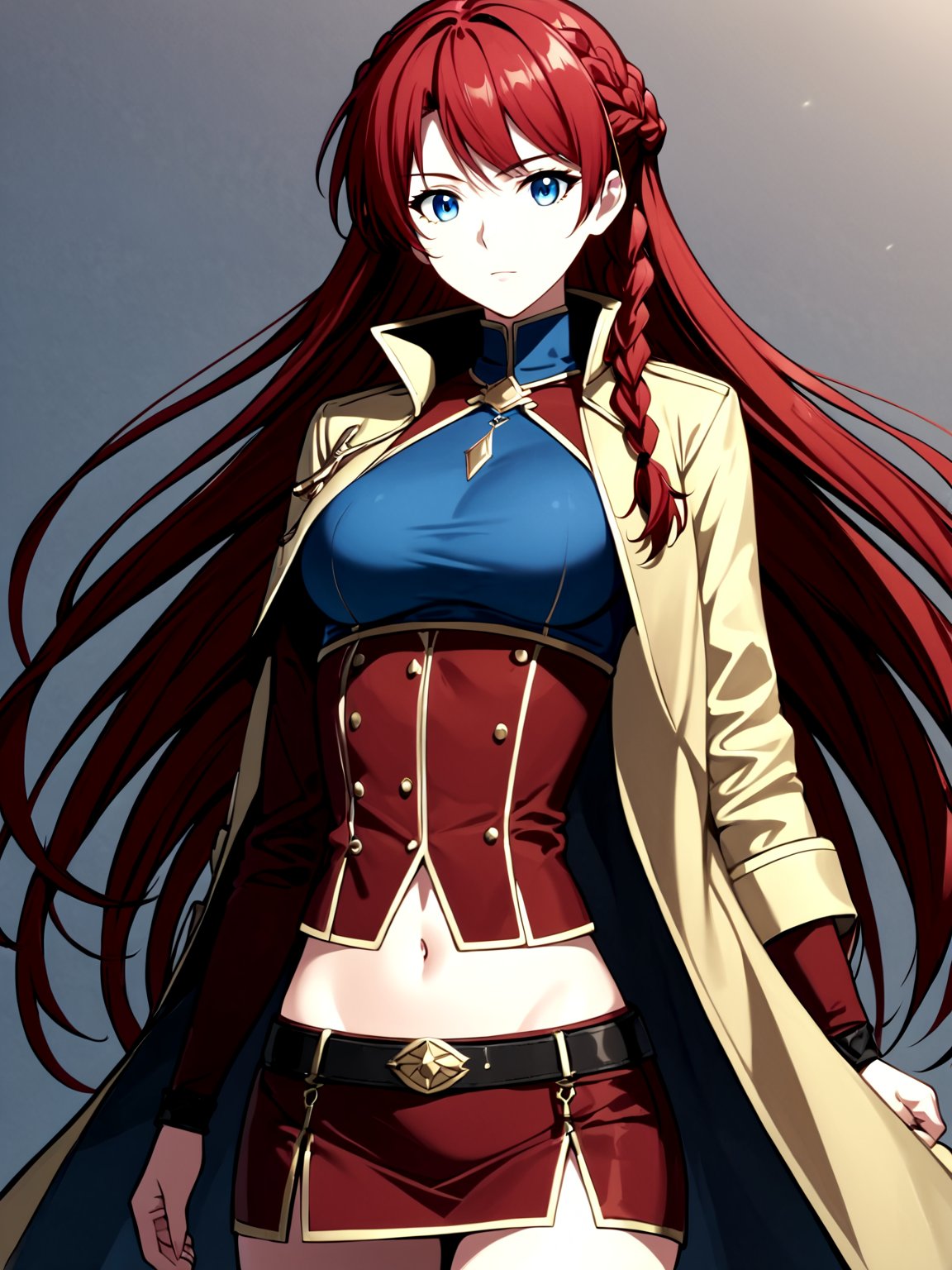 best quality, 8k, 8k UHD, ultra-high resolution, ultra-high definition, highres
,//Character, 
1girl, solo
,//Fashion, 
,//Background, 
,//Others, ,Expressiveh,
selesia upitiria, long hair, red hair, blue eyes, twin braid, midriff, coat, skirt