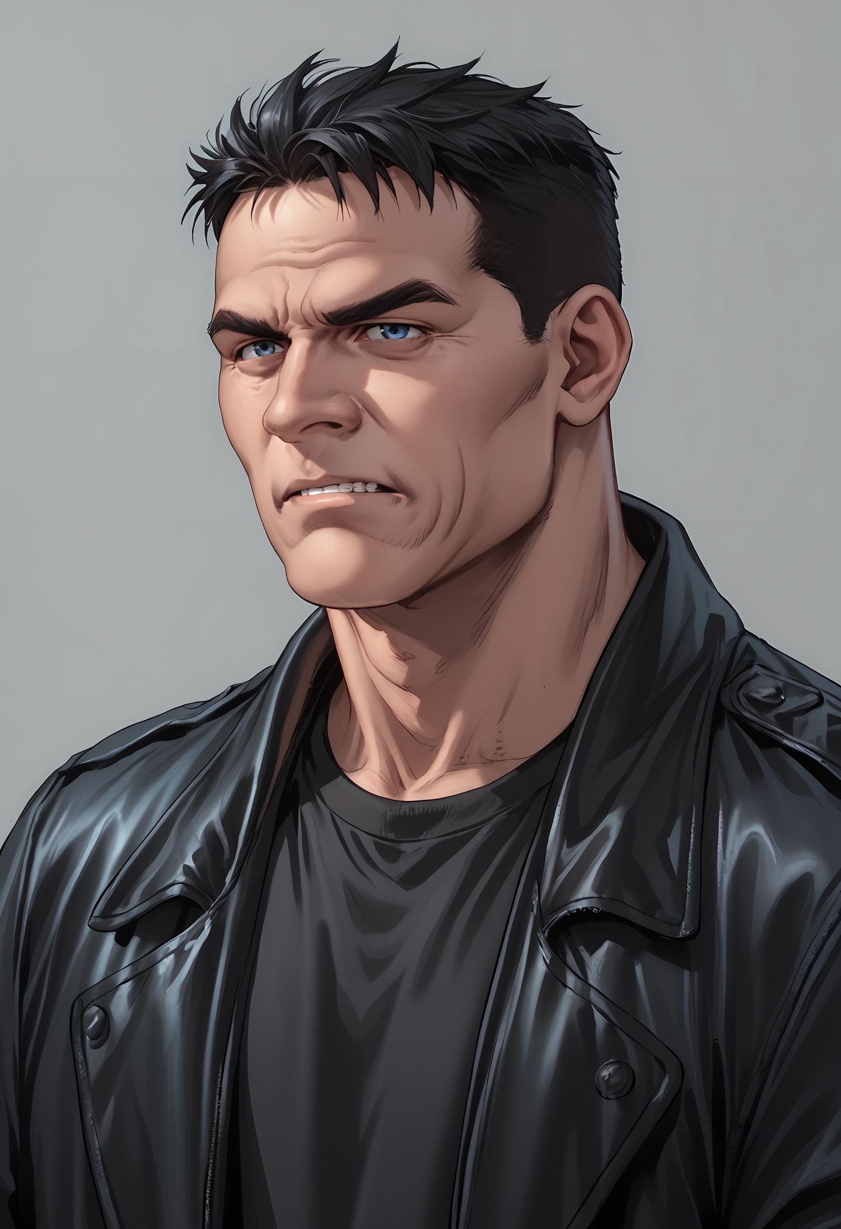 score_9, score_8_up, score_7_up, score_6_up, score_5_up, score_4_up, 1boy, <lora:BillyButcherComicsP:0.85>  male focus, black hair, short hair, blue eyes, jacket, shirt, black shirt, leather jacket, coat, angry, manly, square jaw, muscular, simple background,