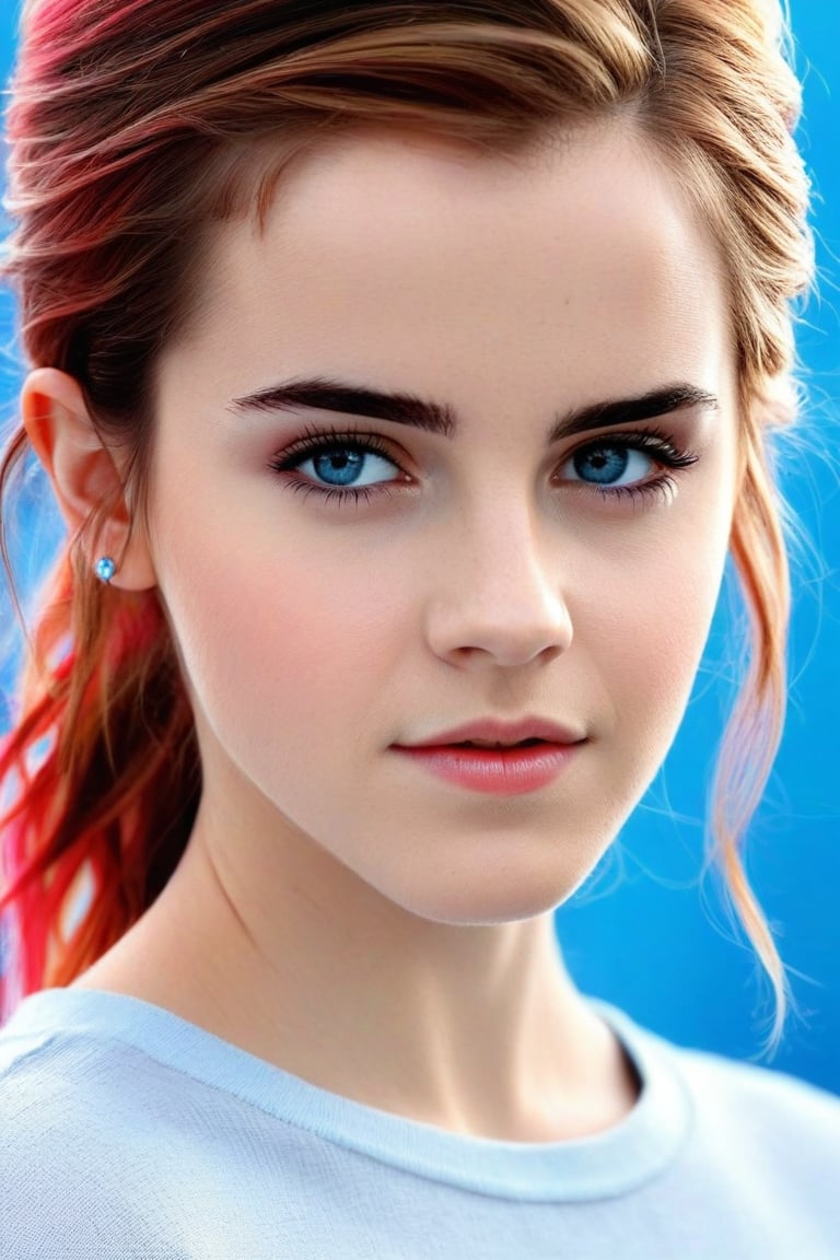 (best quality),1girl, realistic, young Emma Watson (at the age of 14), upper body, lip,beautiful detailed blue eyes,beautiful detailed lips,extremely detailed eyes and face,long eyelashes,strong expressions,soft touch,expressive poses,modern outfit,tight fitting stylish clothes,red neon hair,artistic brushstrokes,clean lines,vibrant colors,contrast,highlights,shadows,blue gradient background,texture,chic style,dynamic composition,interesting angle,textured crop,fashionable,cool vibes