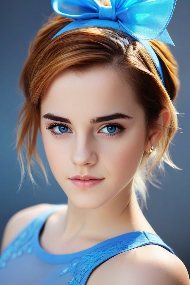 (best quality,realistic,anime:1.2),1girl, realistic, young Emma Watson (at the age of 14), upper body, lip,beautiful detailed blue eyes,beautiful detailed lips,extremely detailed eyes and face,long eyelashes,strong expressions,soft touch,expressive poses,modern outfit,tight fitting stylish clothes,red neon hair,artistic brushstrokes,clean lines,vibrant colors,contrast,highlights,shadows,blue gradient background,texture,chic style,dynamic composition,interesting angle,textured crop,fashionable,cool vibes