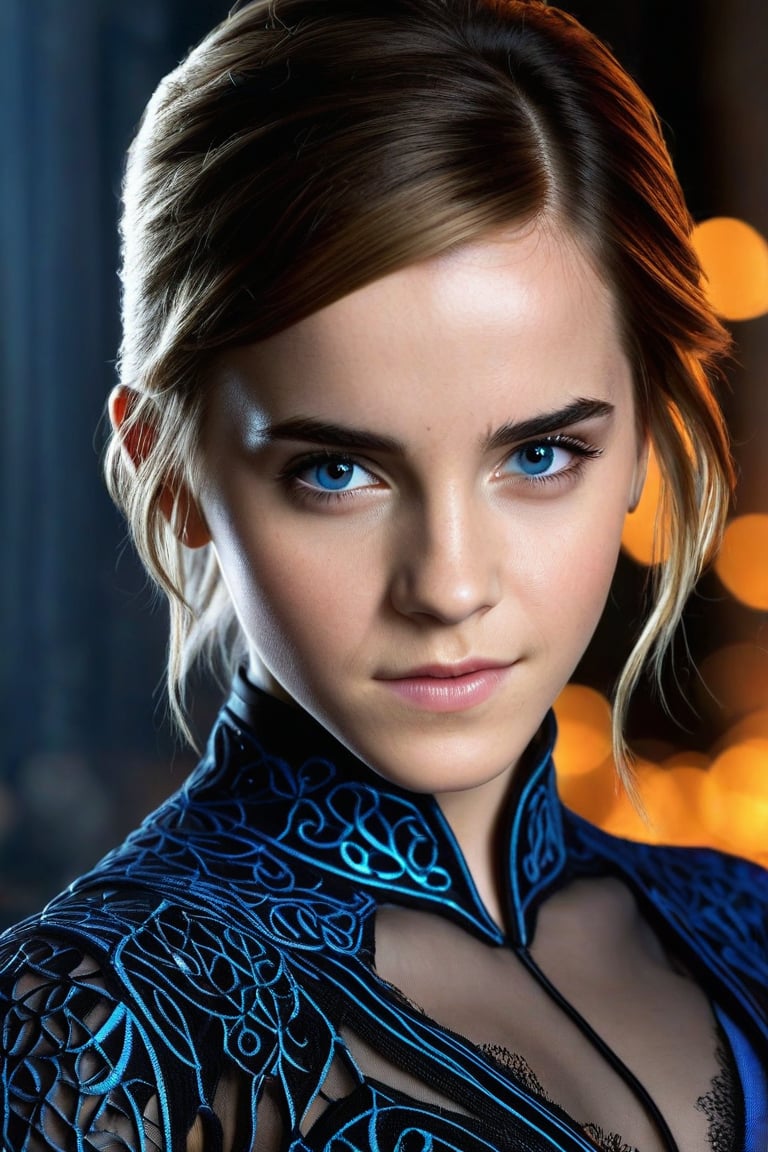 Craft a hyper realistic vertical upper body photo of the most attractive stunning young girl (Emma Watson at the age of 14), fitting black nanofiber suit, intricate glowing neon blue design, intricate bodysuit, transparent parts, perfectly detailed eyes, intricate beauty with make-up, sparkling, reflections, (translucent), sexy, elegant, sporty, simple background, dim light, volumetric lighting, hyper realistic, blurry foreground, blurry background, (bloodborne:1.1),