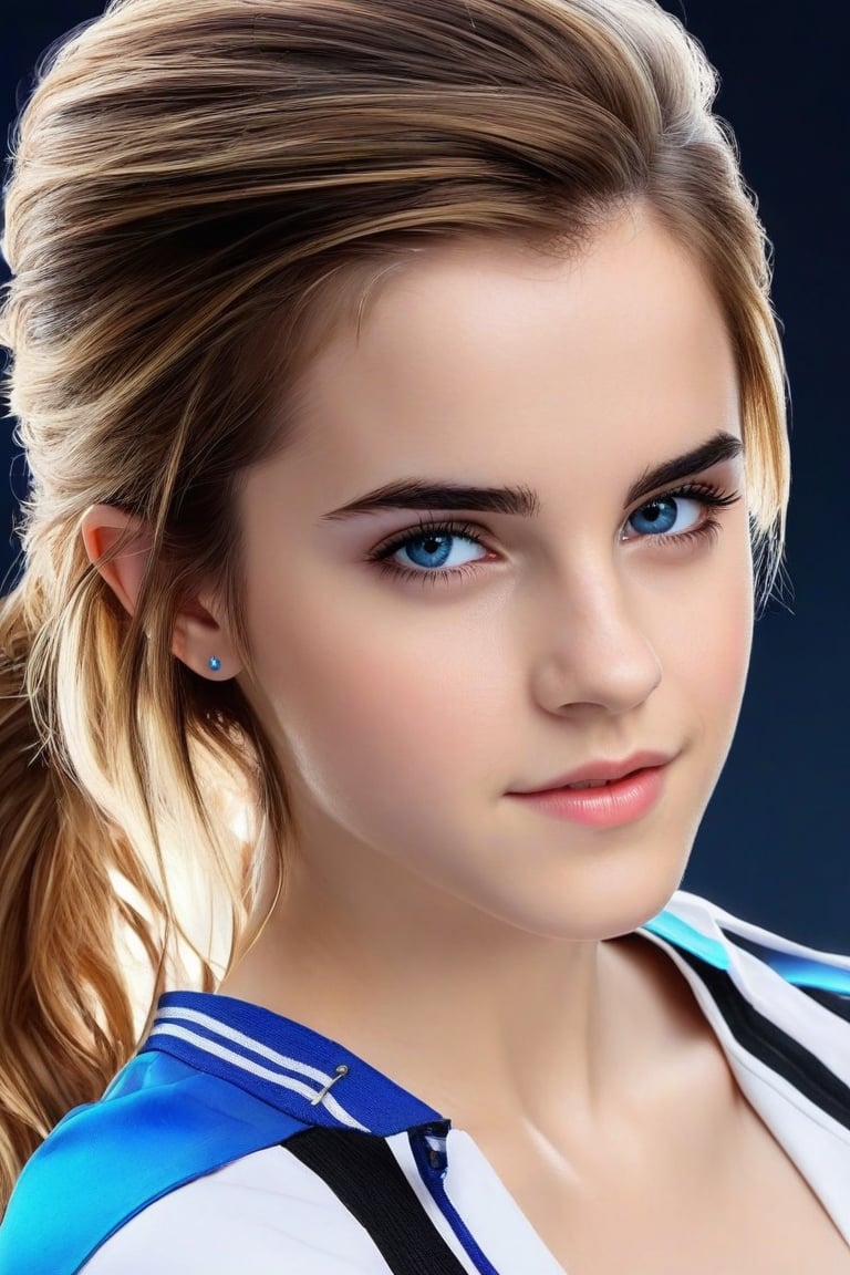 (best quality,realistic,anime:1.2),1girl, young Emma Watson (at the age of 14), upper body, lip,beautiful detailed blue eyes,beautiful detailed lips,extremely detailed eyes and face,long eyelashes,strong expressions,soft touch,expressive poses,modern outfit,tight fitting stylish clothes,neon hair,artistic brushstrokes,clean lines,vibrant colors,contrast,highlights,shadows,blue gradient background,texture,chic style,dynamic composition,interesting angle,textured crop,fashionable,cool vibes