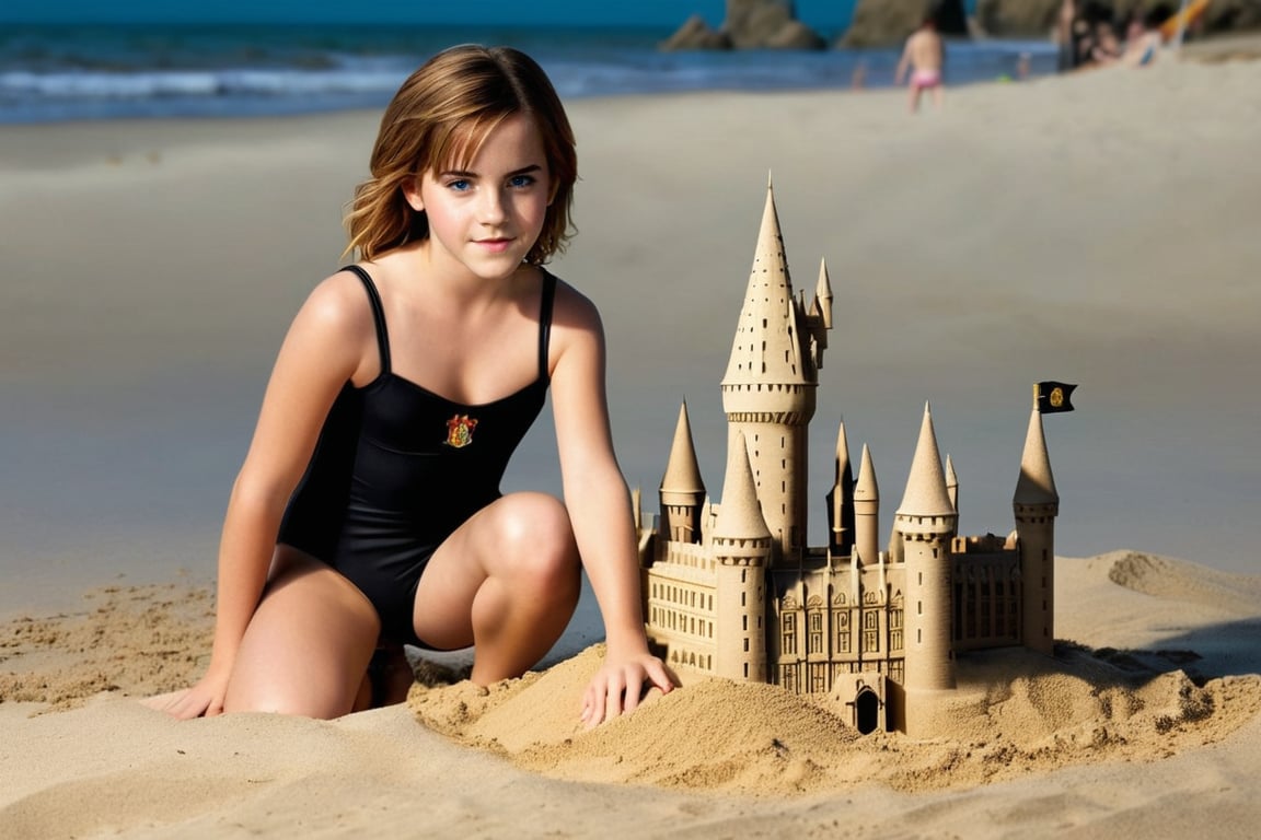 full body photo, Emma Watson (11 years old), solo, at the beach, black one-piece swimsuit, building a sandcastle, (miniaturized version of hogwarts made of sand)
BREAK
cinematic lights, detailed eyes, detailed face, detailed hands