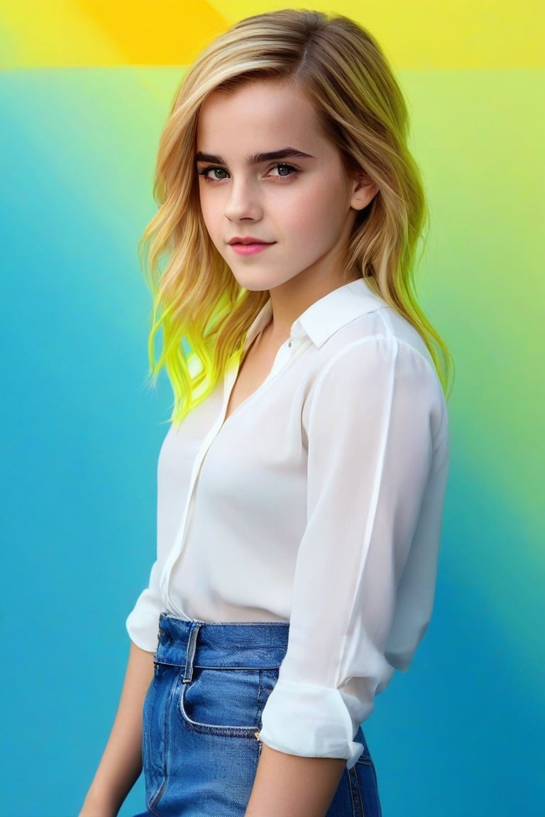 (best quality),1girl, realistic, young Emma Watson (at the age of 11), full body, lip,beautiful detailed blue eyes,beautiful detailed lips,extremely detailed eyes and face,long eyelashes,strong expressions,soft touch,expressive poses,modern outfit,tight fitting stylish clothes,neon yellow hair,artistic brushstrokes,clean lines,vibrant colors,contrast,highlights,shadows,blue gradient background,texture,chic style,dynamic composition,interesting angle,textured crop,fashionable,cool vibes