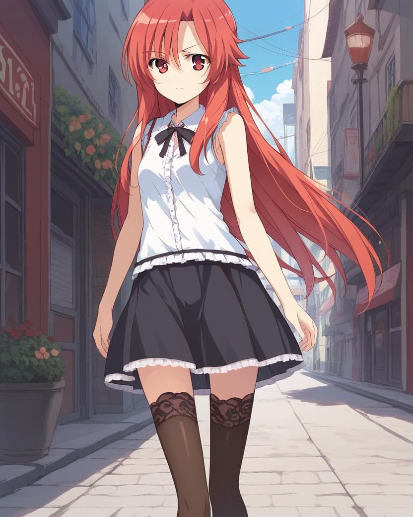 <lora:lisara_restall_v1.3:0.9>,lisara restall,red eyes,red hair,long hair,small breasts,casual,sleeveless shirt,black frilled skirt,lace-trimmed thighhighs,1girl,solo,BREAKwalking,facing viewer,street,outdoors,, score_9,score_8_up,score_7_up,source_anime,best quality,masterpiece,uncensored,detailed eyes,