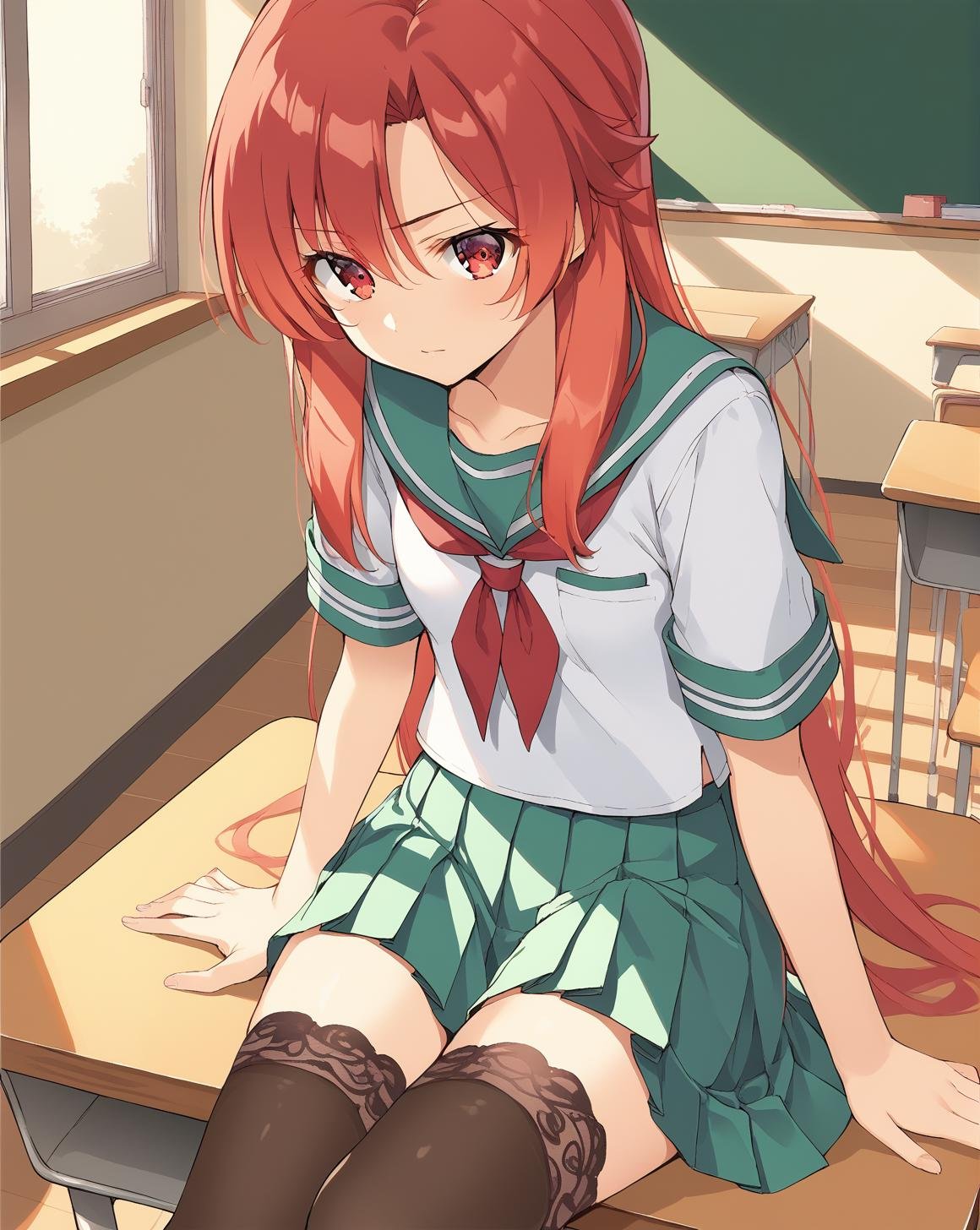 <lora:lisara_restall_v1.3:0.9>,lisara restall,red eyes,red hair,long hair,small breasts,school uniform,serafuku,pleated dress,green skirt,lace-trimmed thighhighs,1girl,solo,BREAKsitting on school desk,classroom,indoors,, score_9,score_8_up,score_7_up,source_anime,best quality,masterpiece,uncensored,detailed eyes,