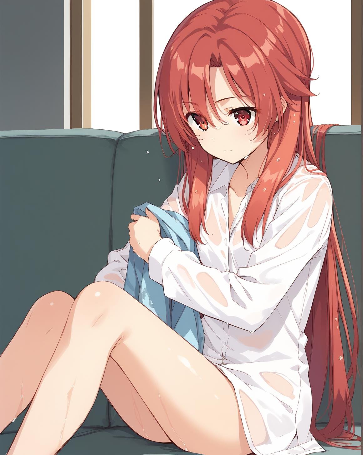 <lora:lisara_restall_v1.3:0.9>,lisara restall,red eyes,red hair,long hair,small breasts,white shirt,long sleeves,1girl,solo,BREAKsitting,drying hair,indoors,couch,wet hair,, score_9,score_8_up,score_7_up,source_anime,best quality,masterpiece,uncensored,detailed eyes,