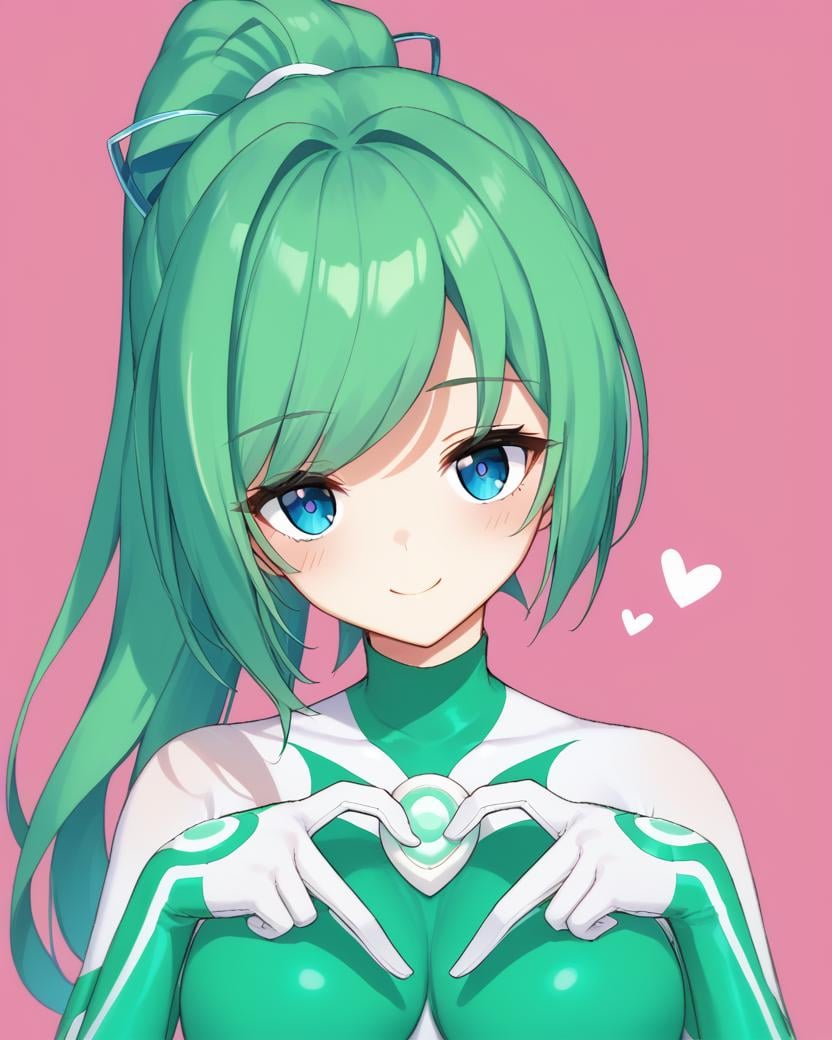 <lora:ultragirl_jue:0.9>,jue,green hair,ponytail,long hair,blue eyes,large breasts,medium breasts,light green bodysuit,green chest jewel,white chest jewel,white fingers,1girl,solo,heart fingers,heart hands,<lora:Heart_Fingers__Concept_Lora-000007:0.8>,heart,(leaning to the side:1.1),looking at viewer,pink background,shadow,smile,looking at viewer,BREAK, score_9,score_8_up,score_7_up,source_anime,best quality,masterpiece,uncensored,detailed eyes,