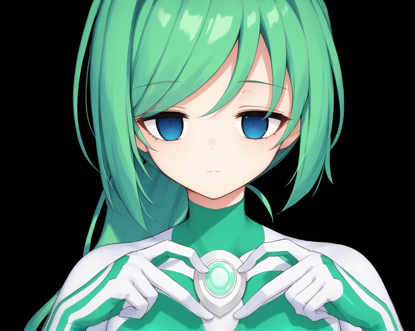 <lora:ultragirl_jue:0.9>,jue,green hair,ponytail,long hair,blue eyes,light green bodysuit,green chest jewel,white chest jewel,white fingers,1girl,solo,heart fingers,heart hands,<lora:Heart_Fingers__Concept_Lora-000007:0.9>,upper body,black background,empty eyes,expressionless,half-closed eyes,no pupils,exhausted,BREAK, score_9,score_8_up,score_7_up,source_anime,best quality,masterpiece,uncensored,detailed eyes,