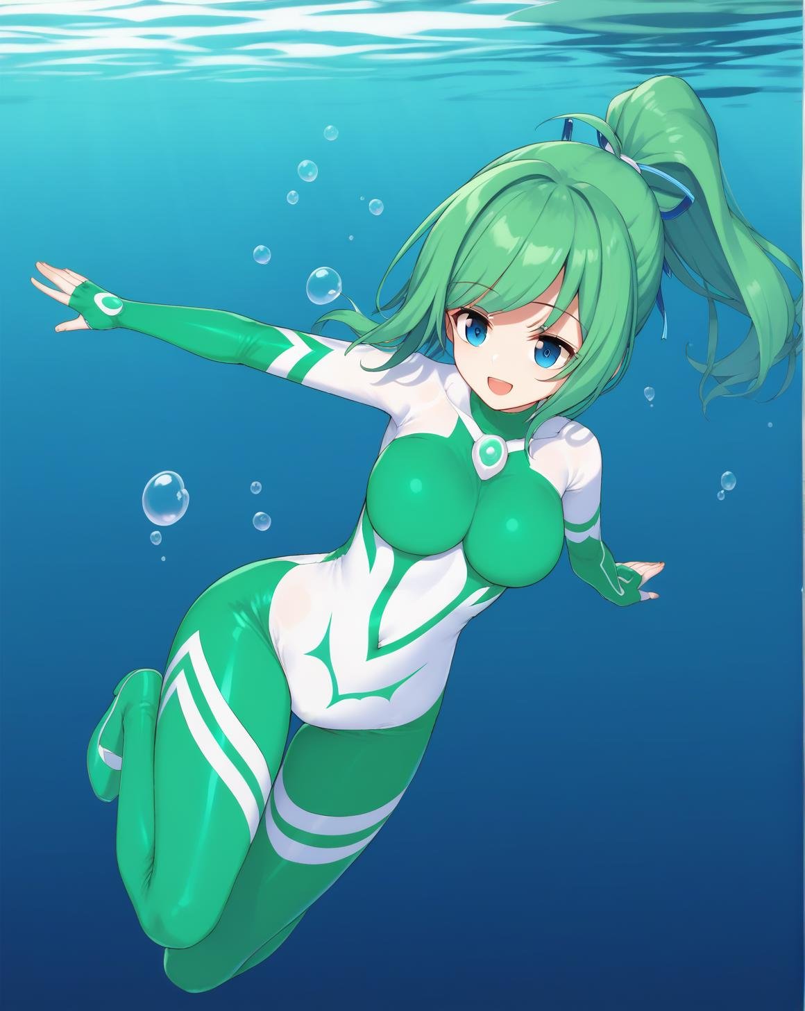 <lora:ultragirl_jue>,jue,green hair,blue eyes,ponytail,long hair,large breasts,medium breasts,white chest jewel,green chest jewel,green bodysuit,impossible bodysuit,1girl,solo,diving,underwater,ocean bottom,fish,dark,smile,open mouth,air bubble,BREAK, score_9,score_8_up,score_7_up,source_anime,best quality,masterpiece,uncensored,detailed eyes,