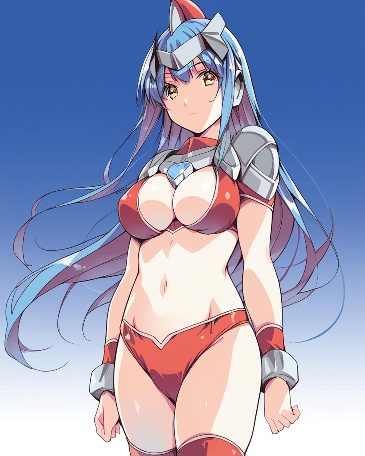 <lora:ultralady_jenisu_v2:0.9>,ultrajenisu,headgear,long hair,large breasts,amber eyes,blue hair,blue chest jewel,bikini armor,wrist cuffs,thighhighs,1girl,solo,standing,cowboy shot,facing viewer,looking at viewer,arms at sides,gradient background,, score_9,score_8_up,score_7_up,source_anime,best quality,masterpiece,uncensored,detailed eyes,<lora:add-detail-xl:0.7>