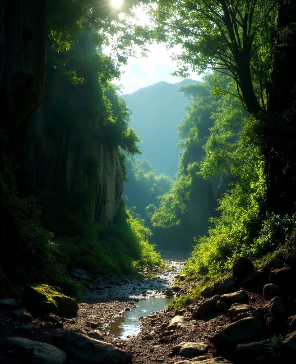 a small arroyo passing through a damp ground, detailed rock formations, mossy banks, lush greenery, sunlight filtering through the trees, serene atmosphere, realistic, photorealistic, photo-realistic:1.37, (best quality,4k,8k,highres,masterpiece:1.2),ultra-detailed, vivid colors, natural lighting, atmospheric, tranquil, picturesque landscape, intricate details, stunning scenery,girl