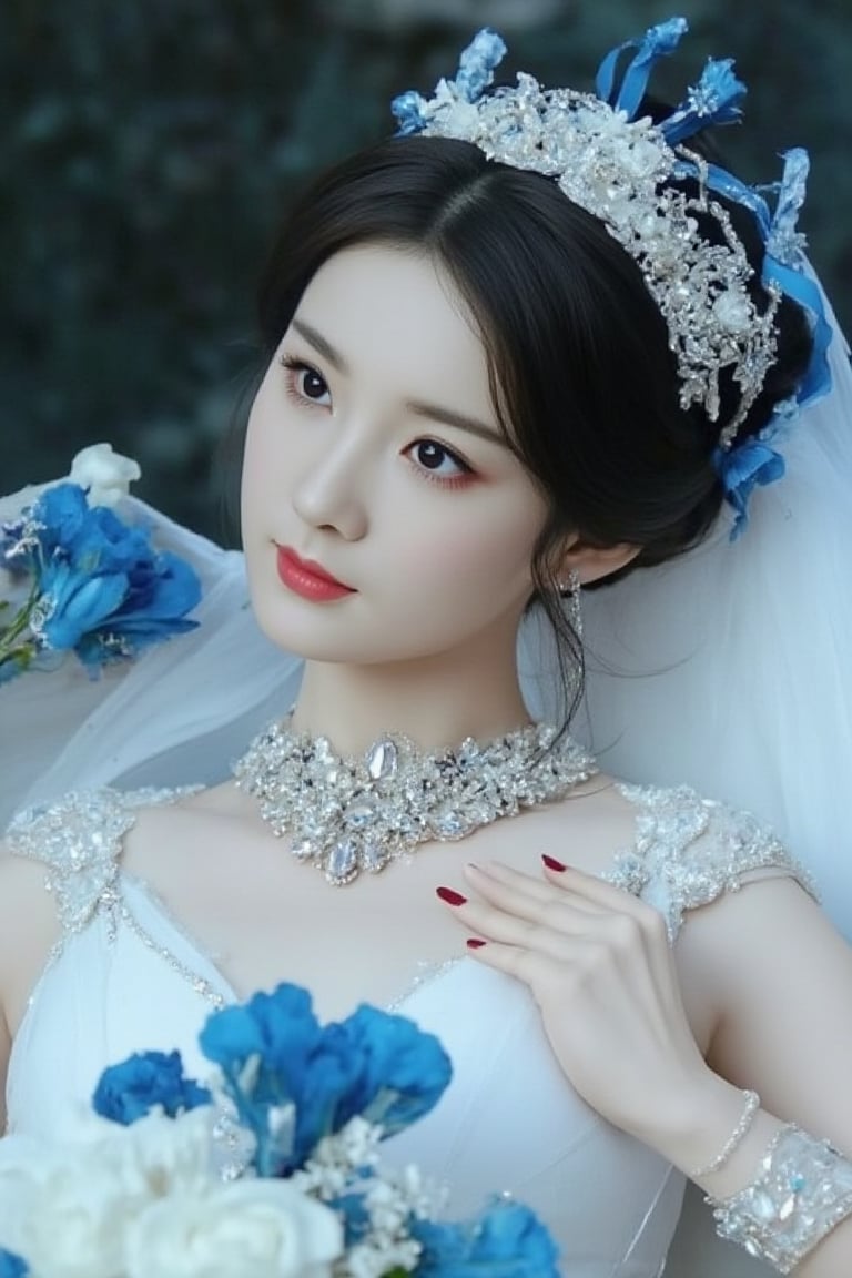 Photorealistic, cinematic, (side light:1.3), close up portrait, a woman, lie, (hand on chest), petals, blue rose decoration, white ren dress, veil, hair ornament, intricate carving jewelry, choker, ribbons, necklace, bracelet, jewelry headband, soft shadow, PTAIAsianBeauty