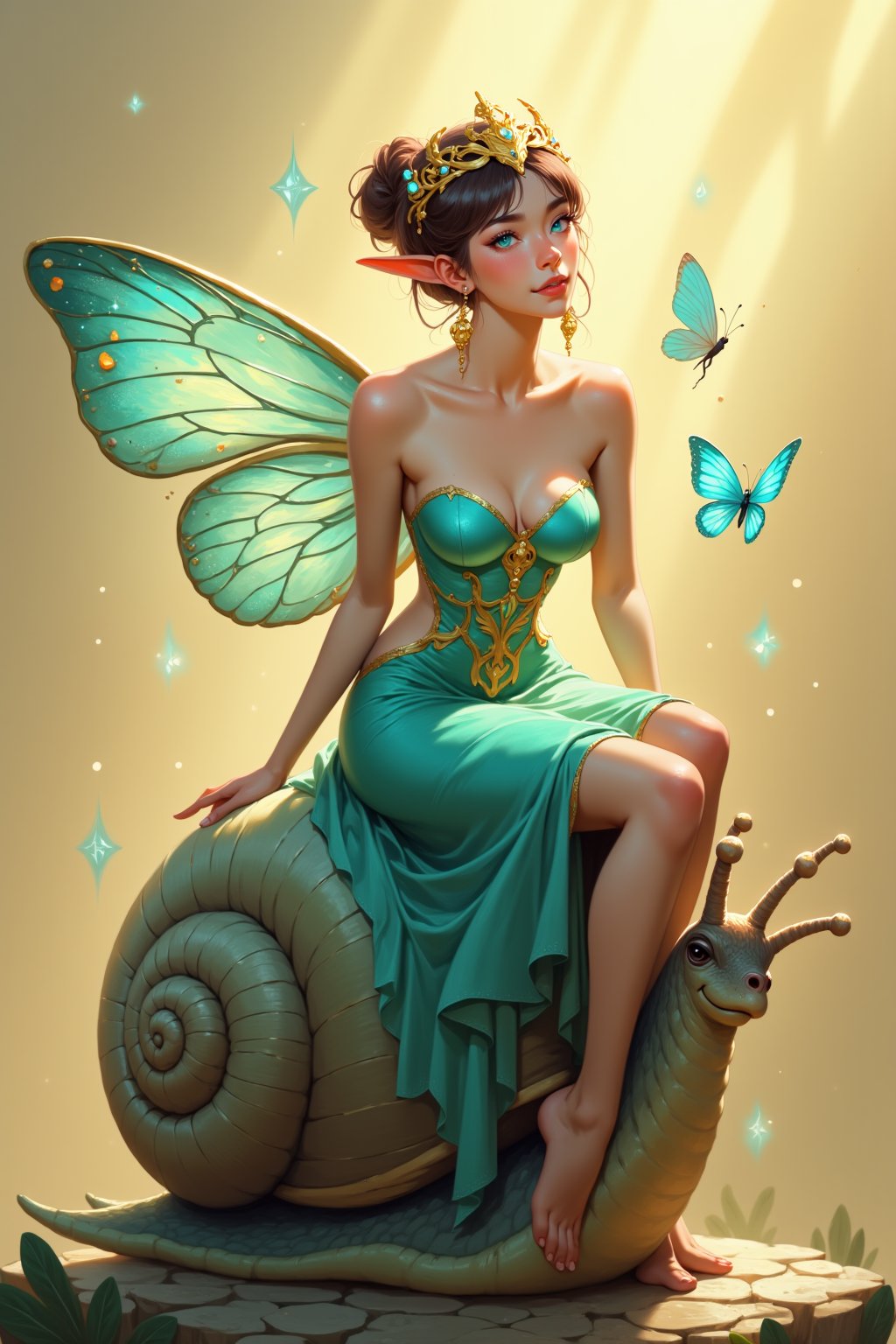 beautiful fairy with pale skin, sitting gracefully on a large, realistic snail with a detailed shell, delicate and elongated ears, wearing a flowing, translucent turquoise dress with gold accents, ethereal butterfly-like wings in vibrant turquoise and gold, golden crown adorned with small gemstones, slender and elegant figure, looking thoughtfully to the side, soft light, warm tones, whimsical and magical atmosphere, two small butterflies hovering near her, detailed textures, soft ambient lighting, mystical and enchanting setting. Background is a soft, blurred beige with hints of sparkling light.   digital art ZeroK