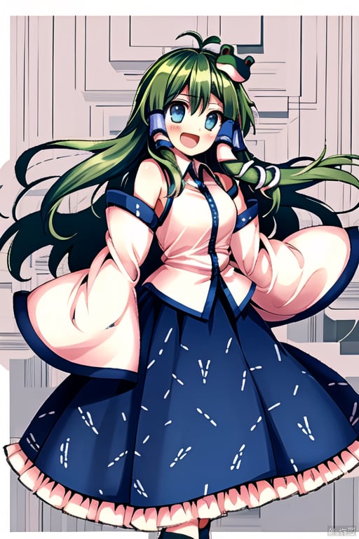 kochiya sanae,1girl,solo,frog hair ornament,snake hair ornament,hair tubes,detached sleeves,open mouth,looking at viewer,wide sleeves,blush,white shirt,blue skirt