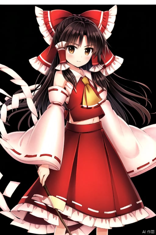 simple background,hakurei reimu,1girl,hair bow,red bow,detached sleeves,solo,hair tubes,simple background,looking at viewer,frilled bow,red skirt,sidelocks,wide sleeves,bare shoulders,blush,yellow ascot,ribbon-trimmed sleeves,hakurei_reimu,hair_bow,red_bow,blackeyes