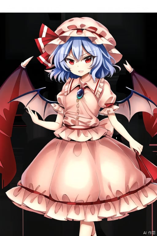 remilia scarlet,solo,1girl,bat wings,looking at viewer,mob cap,puffy short sleeves,hat ribbon,remilia_scarlet,bat_wings