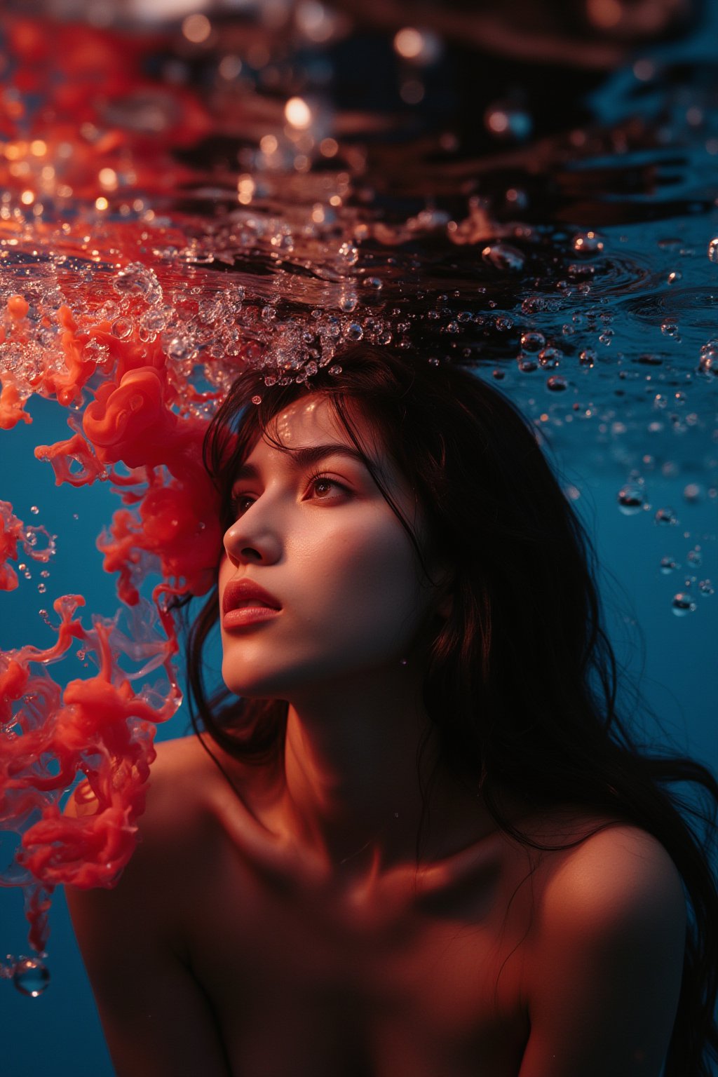 a portrait of a 21yo beautiful hubgwomen submerged, with streams of red and black ink swirling around them, resembling billowing smoke underwater. The play of light creates a stark contrast, highlighting the serene expression on the face amidst the chaos of colors, with bubbles scattered across the view, suggesting a silent, slow-motion explosion. The light refracts through the water, adding depth and a dreamlike quality to the scene, focusing on the interplay between the inky tendrils and the illuminated bubbles., Precipitate girl, sexy pose