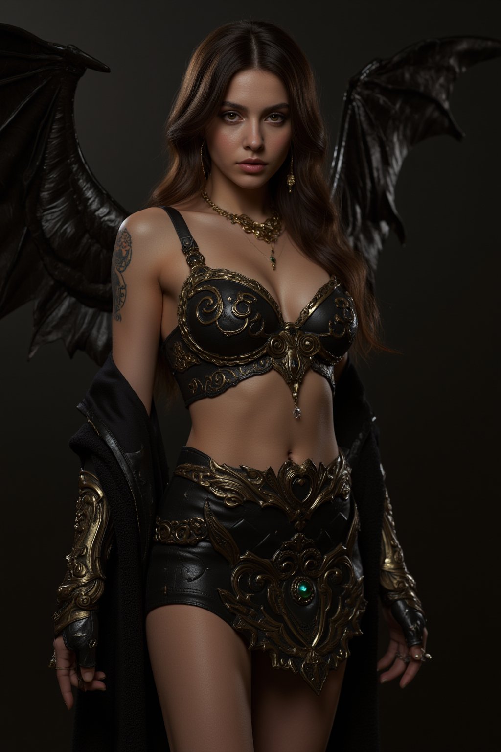 (ultra realistic,best quality),photorealistic,Extremely Realistic, in depth, cinematic light,hubgwomen,hubg_beauty_girl, (emitting a sense of arrogance),insanely detailed,a lot of details,1girl ,composed of {0Objects},demon wings,ornate armor,decorated with gorgeous patterns and beautiful tattoo,subtle shadows,iridescent gold,cinematic light,sharp focus,[,short dress|,sheath dress |,Hip wrap skirt],detailed beautiful heart-shaped face,ultra detailed,fine details,extremely detailed,surrealism detail,