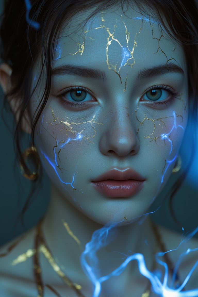 Create a highly detailed close-up image of a fantasy elf’s face, blending elements of cinematic art and modern digital design. Her pale skin glows with a soft, ethereal light, intricately adorned with golden, cracked patterns that evoke the delicate art of kintsugi, tracing along her features with a mystical glow. These patterns intertwine with neon tattoos, forming geometric shapes that pulse with a magical energy. Her large, mesmerizing eyes shift between shades of deep teal and oceanic blue, as if holding the mysteries of the sea within them, drawing the viewer into her intense, calm gaze.
..,(her hand crackling with huge electricity power as she gazes directly at the camera))