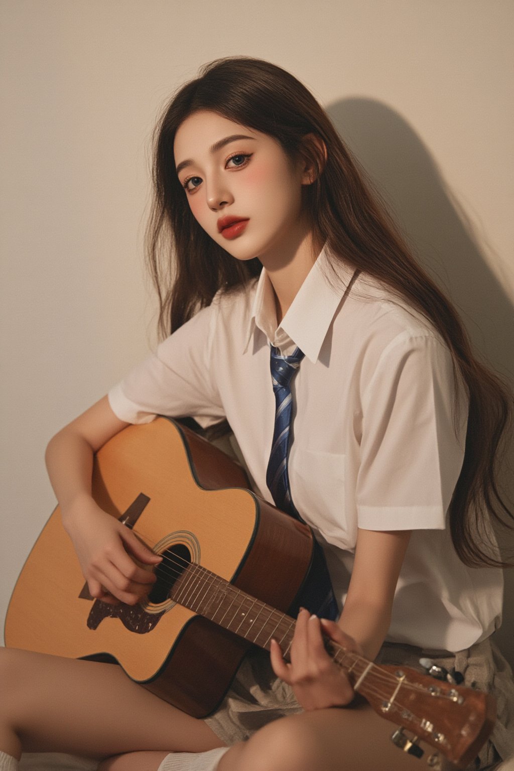 A photorealistic portrait of Huggirl, a young woman with long, flowing locks cascading down her back. She sits comfortably, legs crossed, donning a crisp school uniform with a subtle sheen. Her hands cradle an acoustic guitar, its body worn and weathered from years of use. Soft, warm lighting casts a gentle glow on her features, accentuating the curves of her cheeks and the sparkle in her bright blue eyes. The composition is intimate, with the subject's gaze directed slightly off-center, inviting the viewer into her world.