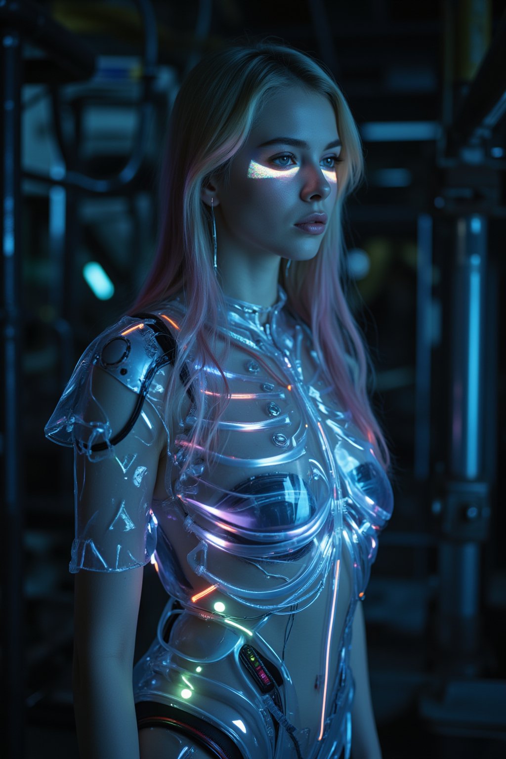 photorealistic,portrait of hubggirl, A dramatic shot unfolds against a dark, smoky backdrop, a stunning cybernetic girl stands tall within a docking station's metallic confines. She gazes intensely through enhanced sensory capabilities, her porcelain skin illuminated by the glass rib cage's soft glow and refracted holographic projections. Rainbow-hued hair cascades down her back in an asymmetrical long style, as neon cables and gears pulse inside her transparent torso. A Special Operator robot reclines nearby, its silver locks falling in elegant waves down its armored physique. The scene is set against the ruins of a futuristic mining facility, with bioluminescent attire casting a soft glow on the glass warrior woman's transparent torso, highlighting intricate Rococo-inspired cyberpunk details and delicate ruffles adorned with metallic sheen.