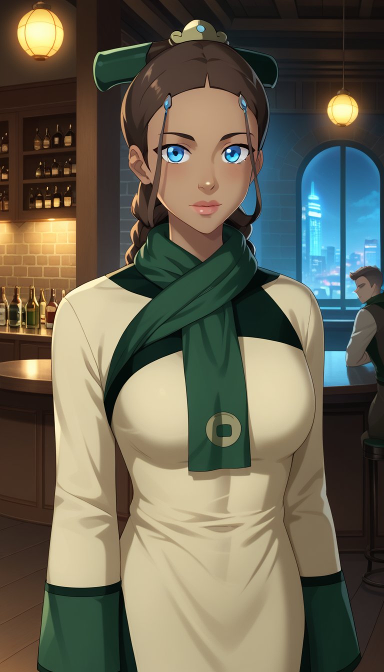 score_9, score_8_up, score_7_up,katara, blue eyes, brown hair, braid, dark skin, dark-skinned female,  bar, indoors, table, chair,  long dress, green scarf, beige dress, joo dee, hair ornament, standing, lips ,standing, Modern luxury lounge with dim lighting, featuring sleek black leather sofas, glass tables, and soft ambient lighting from wall sconces. A large window in the background reveals a city skyline at night, adding a touch of sophistication to the scene,