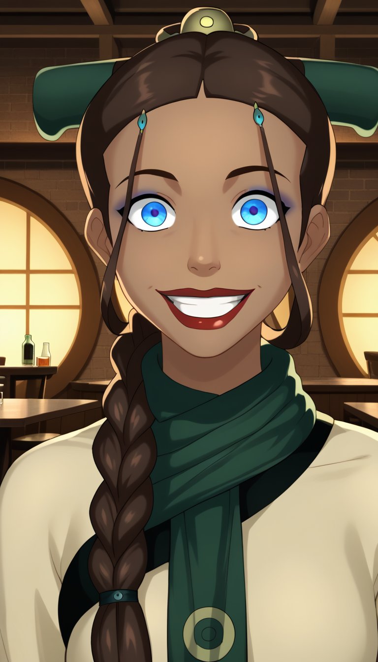 score_9, score_8_up, score_7_up,katara, blue eyes, brown hair, braid, dark skin, dark-skinned female,  teeth, smile,  grin, makeup, lipstick, meme, wide-eyed,bar, indoors, table, chair,  long dress, green scarf, beige dress, joo dee, hair ornament, standing, lips ,standing, Modern luxury lounge with dim lighting, featuring sleek black leather sofas, glass tables, and soft ambient lighting from wall sconces. A large window in the background reveals a city skyline at night, adding a touch of sophistication to the scene,