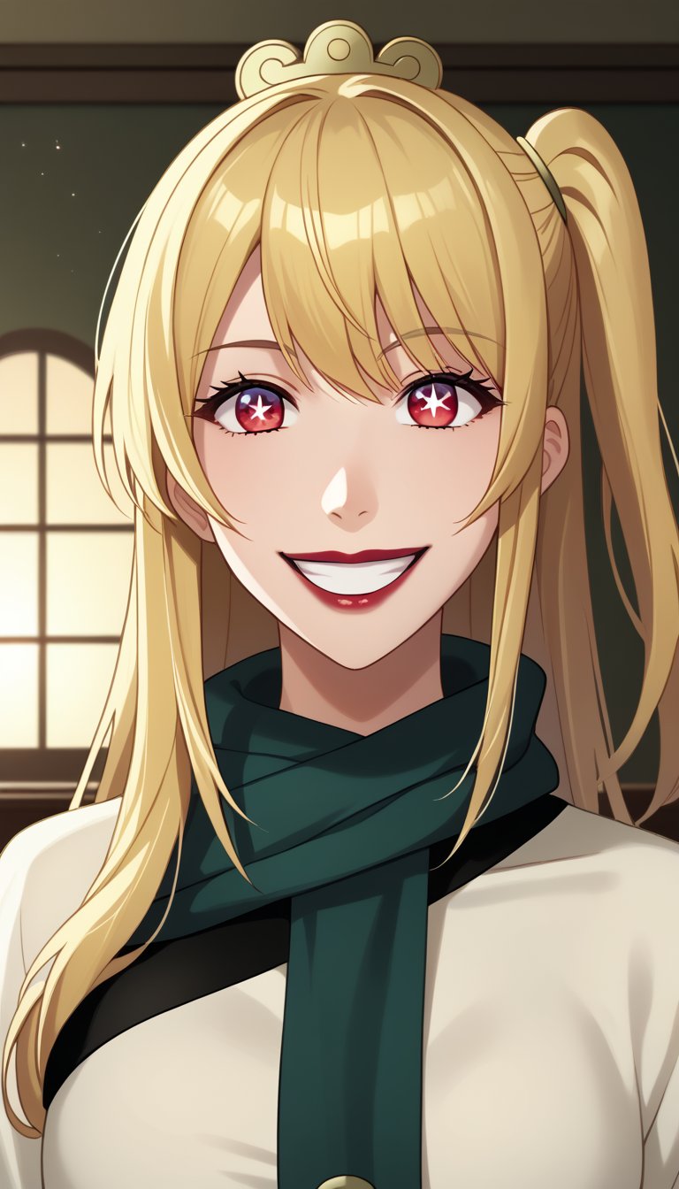 score_9, score_8_up, score_7_up, intricate details,1girl, hoshino ruby, blonde hair, long hair, one side up, red eyes, mismatched pupils, star-shaped pupils, red lips,white dress, indoors,joo dee, dress, scarf, hair ornament, grin, smile, lips, joo dee,  full body