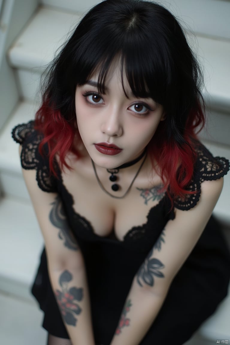 Goth girl with two-tone black and red hair. Short wavy hair. Black lace dress and black choker on her neck. Blackwork tattoo on her arm and black pendant on her neck. Sitting on white stairs. Emo makeup with black lipstick. Looking at the camera. Pale skin and brown eyes. From above. Photograph, realistic, higly detailed, atmospheric perspective, dim colors, Depth of field 100mm. midjourneyv6.1, detailmaximizer, Goth GIrl