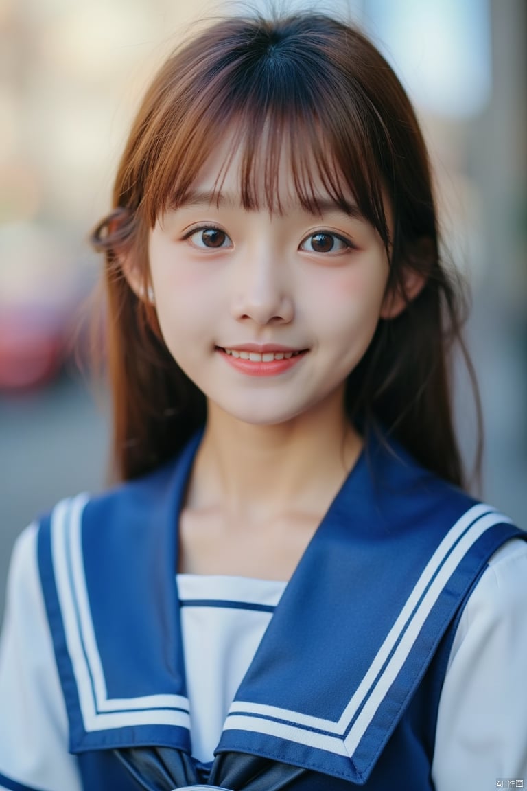 Very beautiful cute girl) (very cute face:1.2),(baby face),(sparking clear attractive large eyes:1.2), Beautiful detailed eyes, Detailed double eyelids, smiling, (realistic photograph:1.1), in the street,
(super shiny metallic blue and white sailor high school uniform:1.5),(super shiny metallic blue pleated skirt :1.1),
(brown hair:1.2),professional portrait 