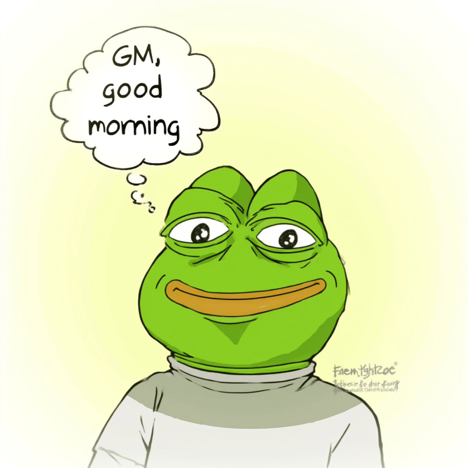 A comic-style upper-body portrait of Pepe the Frog, featuring his iconic expression, with a thought or speech bubble popping up beside him. Pepe is smiling calmly, dressed casually, and the speech bubble contains the text "GM, good morning" in English. The overall mood is lighthearted, with a simple, cartoonish background that emphasizes Pepe’s humorous yet friendly tone. The artwork has a clean, colorful comic style, capturing the essence of the meme in a playful and approachable way.