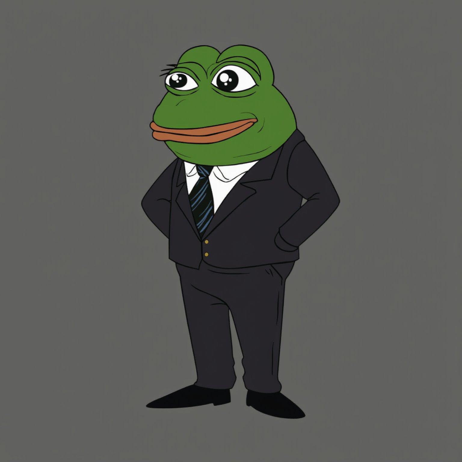 A stylized version of the Pepe the Frog meme, dressed in a sharp, well-fitted suit. Pepe is standing confidently with a charming smile, exuding a sense of sophistication and charisma. The suit is classic, with clean lines and a crisp tie, perfectly tailored to give Pepe a professional and polished look. The background is simple, ensuring the focus remains on Pepe’s iconic expression and stylish attire. His expression is calm and content, capturing the humorous yet refined spirit of the meme.