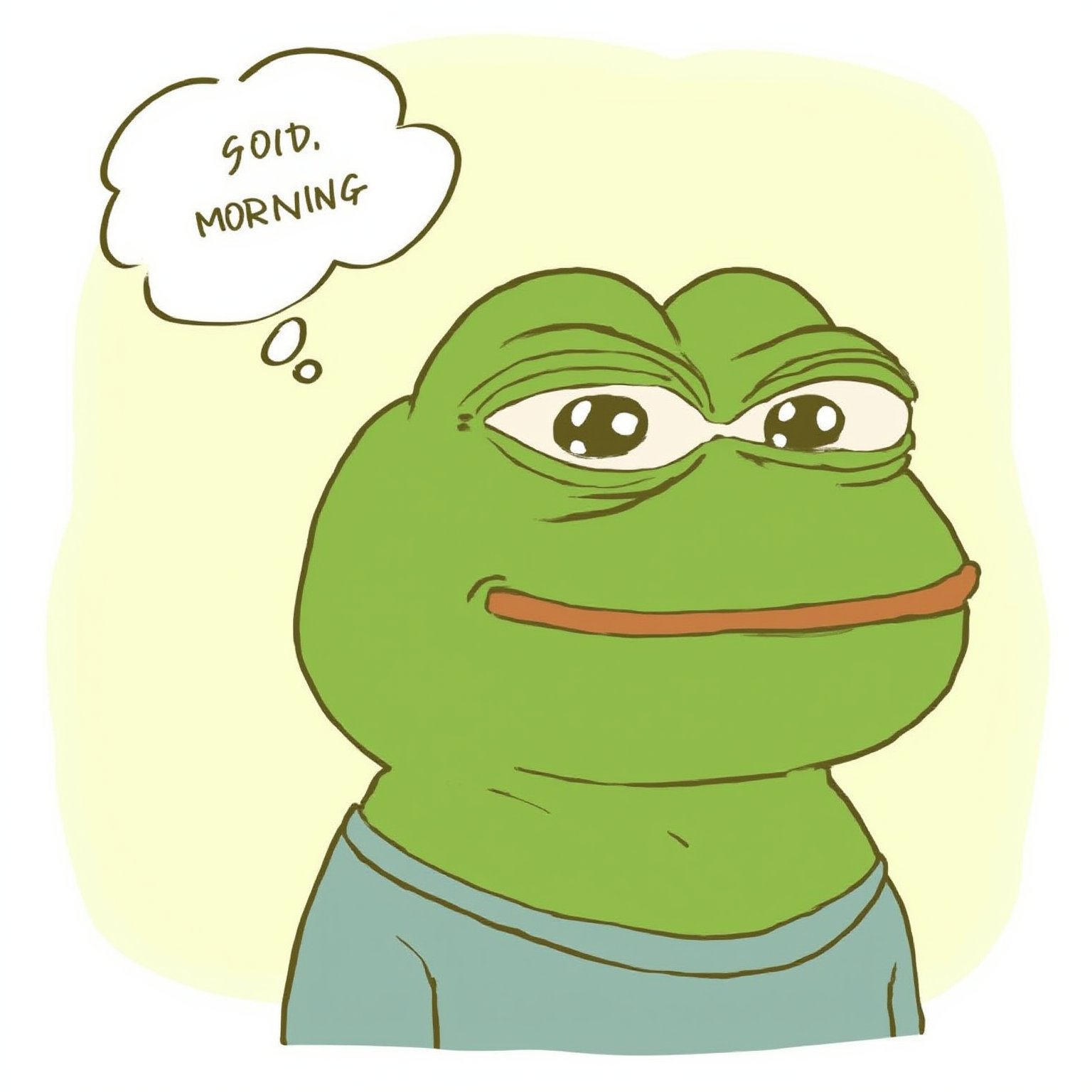 A comic-style upper-body portrait of Pepe the Frog, featuring his iconic expression, with a thought or speech bubble popping up beside him. Pepe is smiling calmly, dressed casually, and the speech bubble contains the text "GM, good morning" in English. The overall mood is lighthearted, with a simple, cartoonish background that emphasizes Pepe’s humorous yet friendly tone. The artwork has a clean, colorful comic style, capturing the essence of the meme in a playful and approachable way.